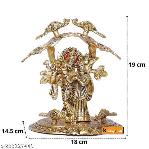 Gold antique finish Radha Krishna standing flute statue, Krishna idol decorative item for home, office or temple decoration, 18cm tall and 14.5cm wide, Indian origin religious gift article