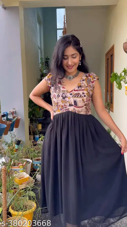 Black georgette pongal aline flared kurti, sleeveless, digital print, women's fashion