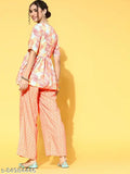 Multi-colored cotton digital print flared kurta with palazzo set, featuring a plunging neckline, short sleeves, and front slit. Floral peplum top and geometrically patterned palazzo pants from India