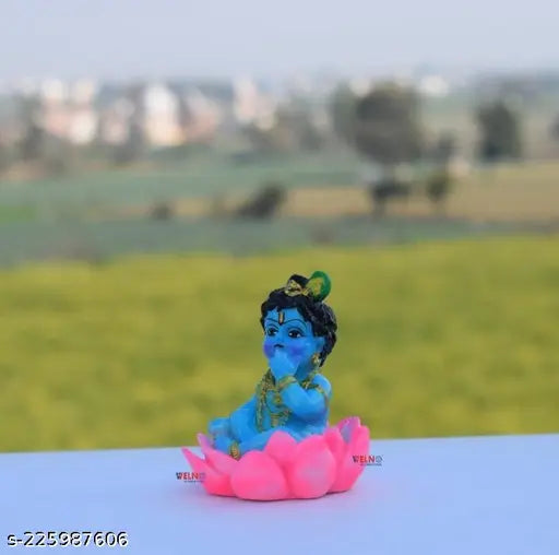 Resin Krishna baby lotus statue, Indian decor for car dashboard or home pooja gift showpiece