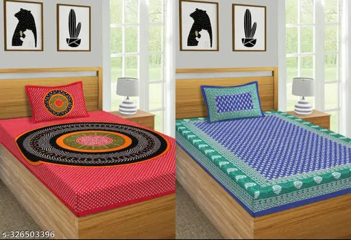 Jaipuri cotton single bed sheet combo pack - red & blue, 2 pillow covers