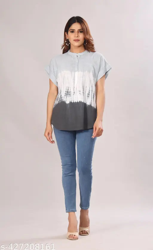 Grey tie-dye cotton slub top with short sleeves, printed pattern and loose fit, XS-XXL sizes available, trendy casual wear from Orsio, made in India