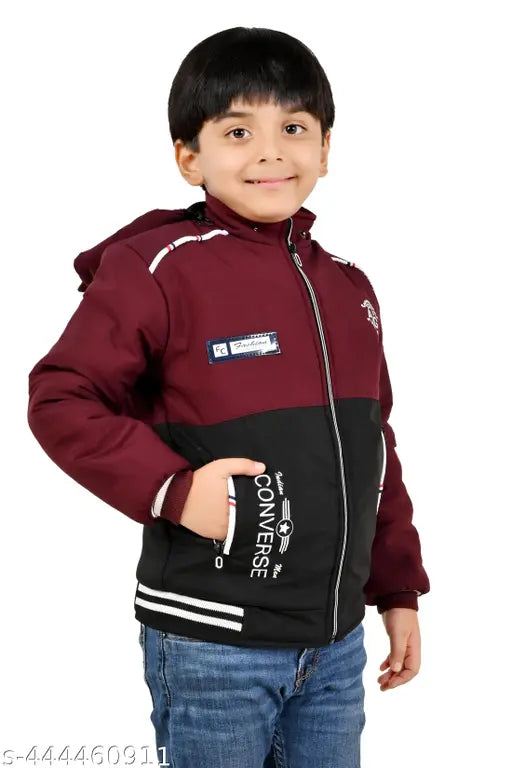 Maroon printed casual long sleeve hooded winter jacket for boys, polyester fabric on model