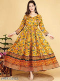Yellow printed three-quarter sleeve cotton anarkali kurti, Indian traditional women's fashion