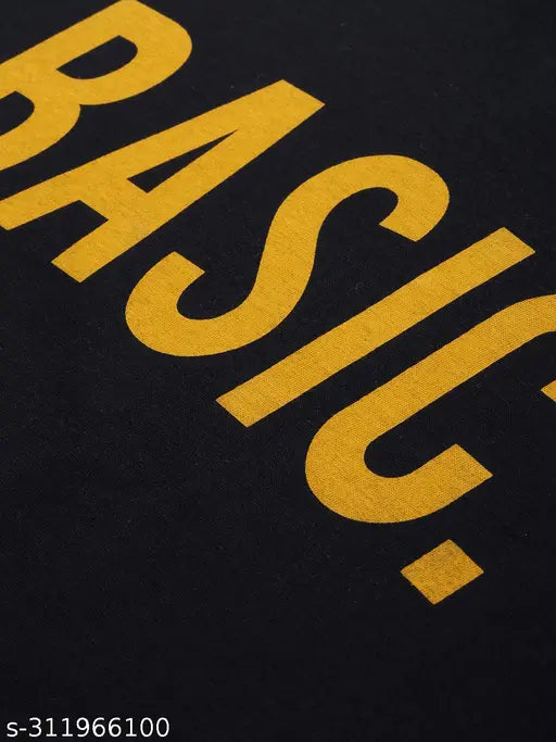 Black t-shirt with large yellow print reading "BASI