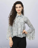 Grey printed georgette bell sleeves top by MISS AYSE for women, size S-XXL