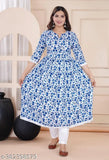 Printed rayon Anarkali kurta with palazzos, vibrant blue floral design, embellished V-neck and three-quarter sleeves - Indian ethnic wear