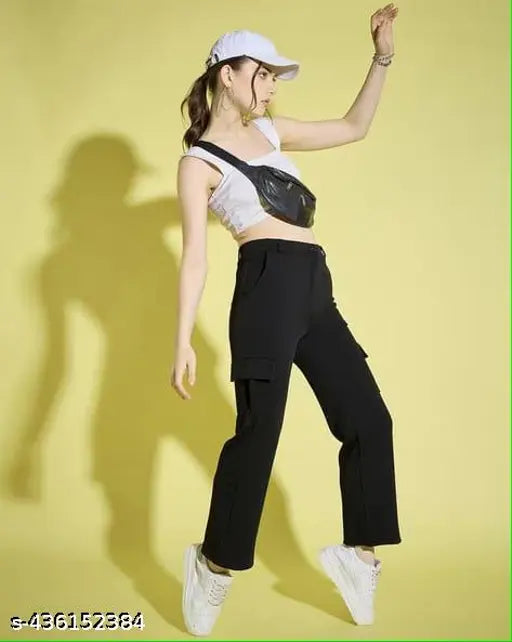 Black cotton lycra high-waisted cargo pants, versatile for formal or casual wear, side pockets, comfortable stretch