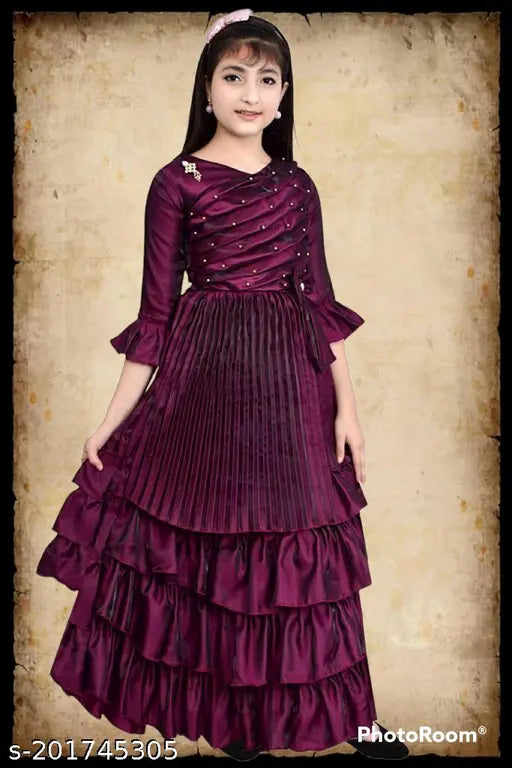 Silk embellished net classic ethnic gown for girls, three-quarter sleeve design, Indian origin, size 3-4 years