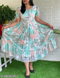 Women's flared skirt with floral digital print, Urbene brand, long sleeves, knee-length