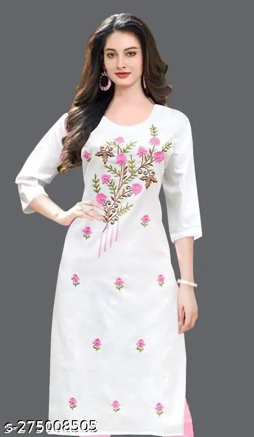 Cotton Snow white embroidered kurti, three-quarter sleeves, India-made fashion for women