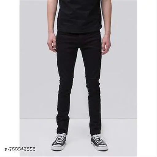 Black polycotton mid-rise men's jeans by RUSTICBLOOMS, stylish fit for waist sizes 26, 28, 30, 32