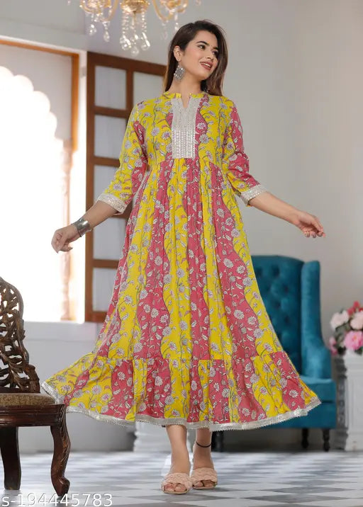 Yellow Rayon three-quarter sleeve printed kurti gown, vibrant party wear for women, handmade in India