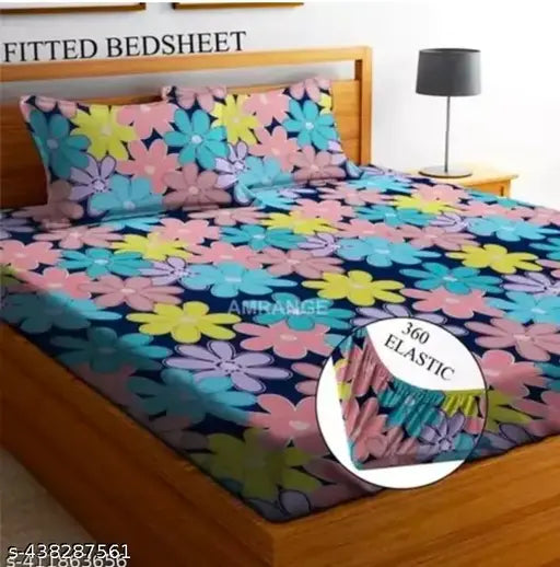 Cotton floral fitted double bed sheet set, includes two superfine pillow covers for summer, made in India