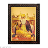 Gold-plated wooden framed Guru Nanak photo (14x10 inches), Indian handcrafted art for home office or puja ghar worship