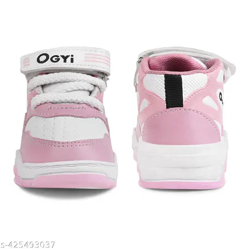 Pink kids sports shoes with white trim and black straps