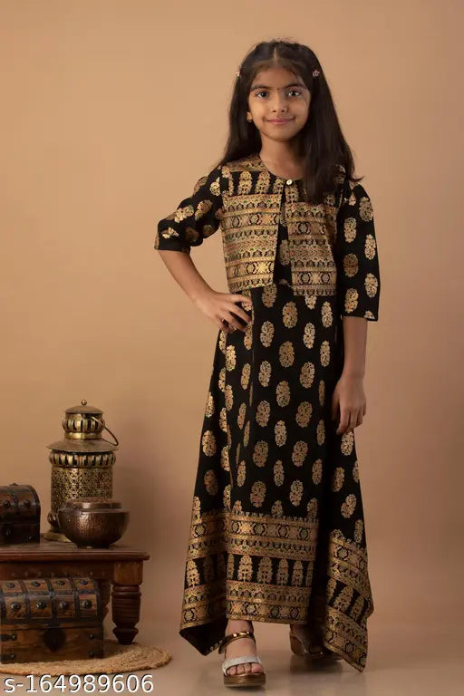 Printed rayon long sleeve kurti for girls aged 3-4, Indian fashion