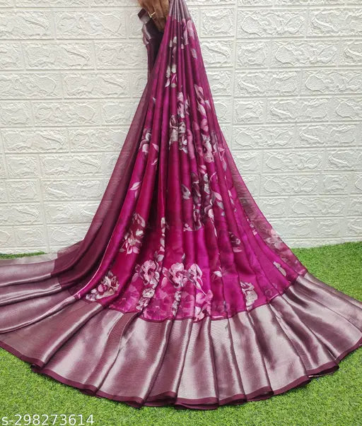 Soft Brasso Moss Chiffon Floral Print Saree with Contrast Blouse - Indian summer fashion