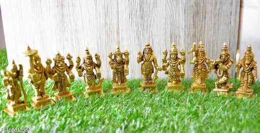 Brass Dashavatar Idols - Ten Incarnations of Lord Vishnu (Matsya, Kurma, Varaha, Narasimha, Vamana, Parashurama, Rama, Balarama, Krishna, Kalki), 30cm L x 60cm H x 25cm B, Indian origin