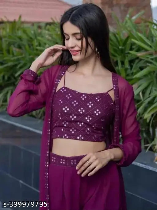 Embroidered georgette crop top with Palazzo ethnic jacket set, long sleeves, heavy mirror work, Indian origin