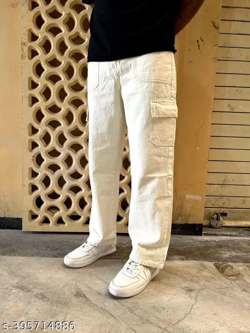 Men's cream-colored, relaxed fit solid cargo jeans with five pockets, featuring denim fabric. Size options: 26x40 (waist 26in, length 40in), 28x40, 30x40, 32x40 (all from India)
