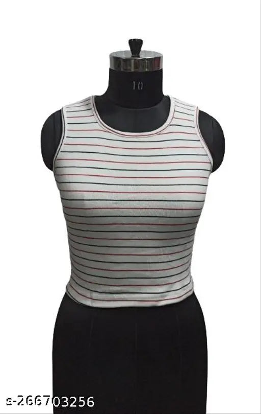 Striped lycra top, sleeveless and round neck, printed pattern on a net background, size XS, M, available from India