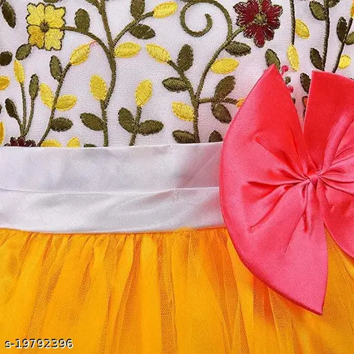 Silver, yellow and gold baby girl party dress with pink bow