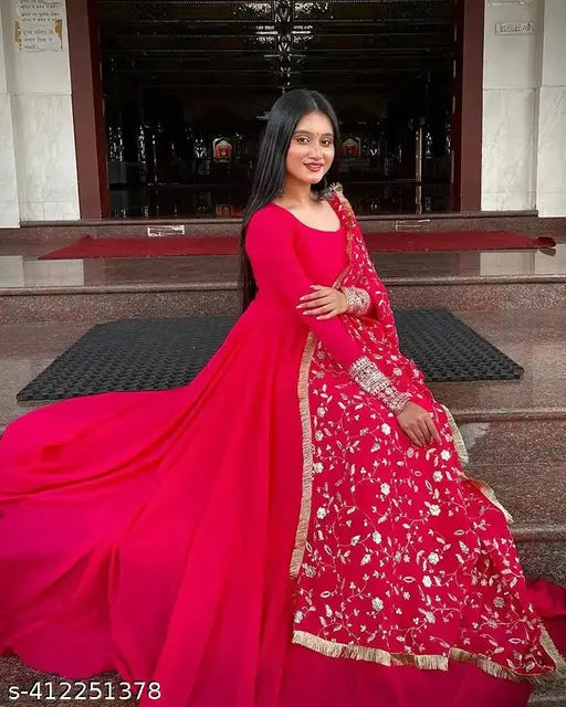 Georgette embroidered gown set (S-XXL), Indian Anarkali style with pant & dupatta, solid color, max bust 44in, 52in length