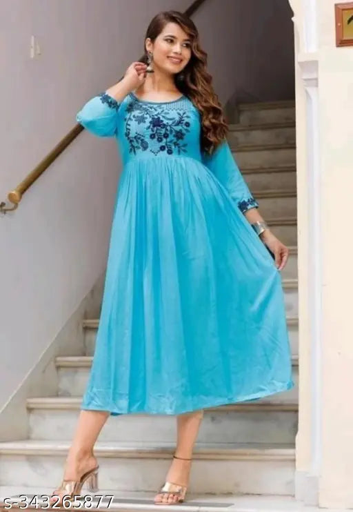 Blue dress with embroidery, long sleeves, knee-length skirt