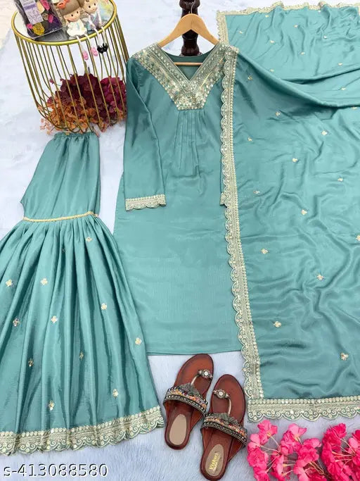 Palazzo set with designer party wear in pure silk, featuring a long top and dupatta