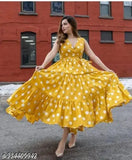 Acrylic yellow polka dot flared sleeveless kurta for women and girls, Indian ethnic style and pattern