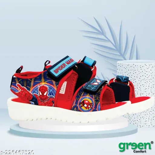 Spiderman-themed red kids sandals with a patterned design, green comfort insoles, in white and blue sneakers