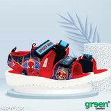 Spiderman-themed red kids sandals with a patterned design, green comfort insoles, in white and blue sneakers