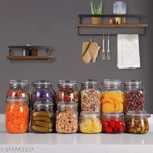 Airtight glass storage containers for kitchen, suitable for mason jars, with a lid, in a set of 12, 1000 ml capacity, used for storing kitchen ingredients like nuts and fruits