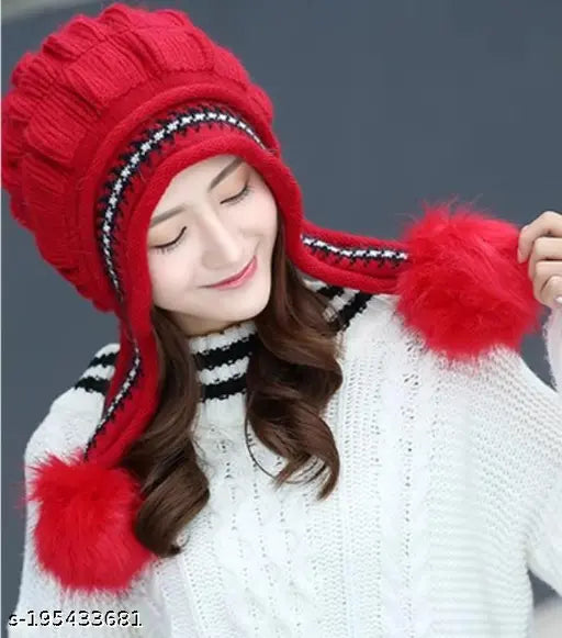 Red fur-trimmed winter beanie cap with matching soft gloves set, women's snowproof fashion accessory, white