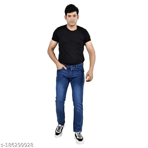Blue denim jeans VKreation, solid pattern, suitable for boys and men. Hand wash only, versatile for various occasions, trendy design, high-quality, affordable. Denim cargo pants for men, loose fit, branded jeans short, sizes 26, 28, 30, 32, 34 (waist: 28in/30in/32in/34in, length: 40in, hip: 11in/12in/13in). Made in India