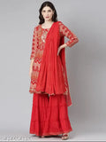 Red long kameez with ruffled hem and matching dupatta