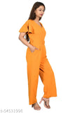 Mustard polyester jumpsuit for ladies, comfortable full-length design with short sleeves and solid pattern, casual wear from India