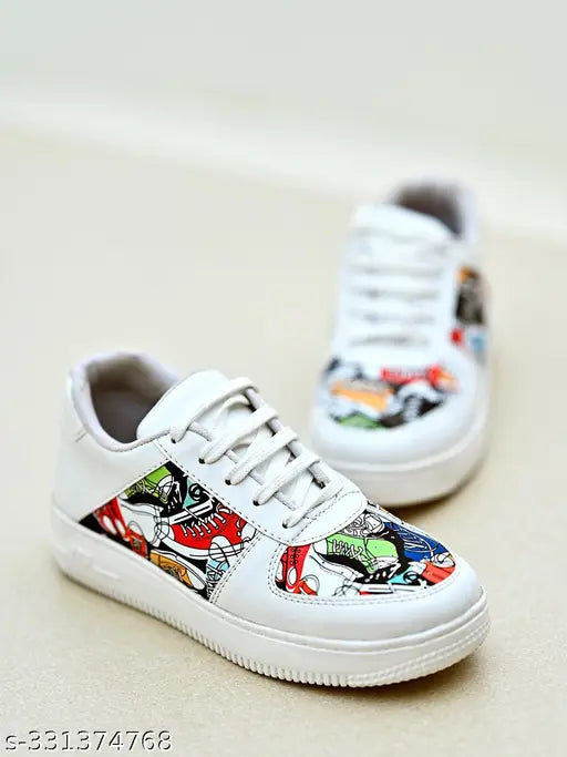White synthetic sneakers with printed detail from Shoetopia, perfect for girls' casual wear and versatile style. Lace-up fastening and net back detail. Made in India