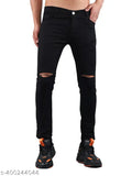 Black stretchable mid-rise denim jeans for men - Solid black knee cut design, perfect fit for 28" or 30" waist and 39" length