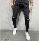 Black denim knee cut jeans men's slim fit