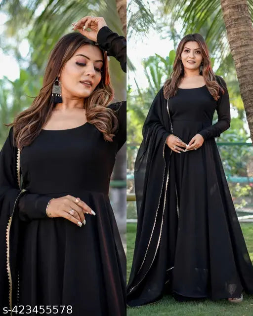 Elegant Solid Plain Black Dress Gown with Dupatta Set - Trendy Women's Fashion on Meesho || Solid Plain Black Dress Gown with Dupatta Set || new black dress || party wear black dress || black dress ||