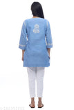 Denim cotton short top, hand-embroidered, three-quarter sleeves, XS-XXL. Vintage-inspired winter wear fashionable designer kurti, embroidered with intricate chikankari art. Soft and comfortable, perfect for daily or special occasions. Made in India