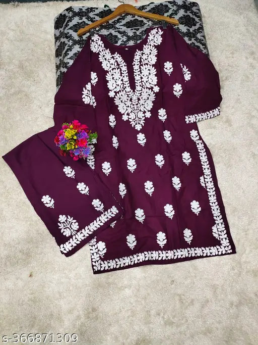 Rayon embroidered kurti with palazzo, traditional Lucknowi wear, wine color, Rayon fabric