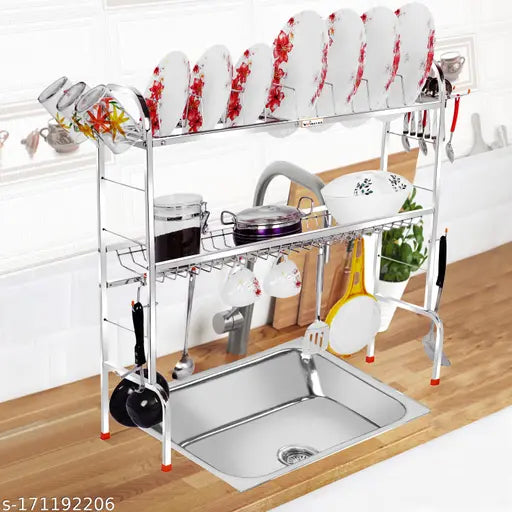 Stainless steel dish rack with plates and bowls