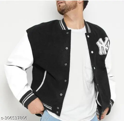 Black and white New York Yankees letterman jacket with zip closure, short sleeves