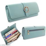 A light green faux leather women's clutch wallet, featuring a round closure and multiple card slots