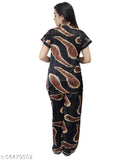 Black morpankh print satin nightsuit with elastic waistband, perfect for comfortable, trendy sleepwear