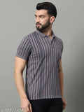Blue striped cotton blend polo t-shirt for men, pocketed half sleeves