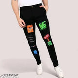 Men's black cotton blend slim fit jeans with placement print, size 28/30 (waist 28in/30in, length 39in), made in India